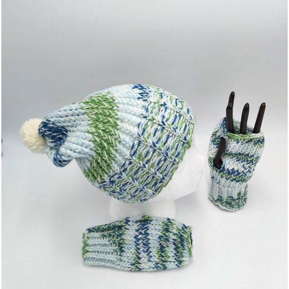 Fingerless Gloves Beanie Hat Toque Pompom Small Blue Green Handmade Loom Knit - Picture 15 of 16